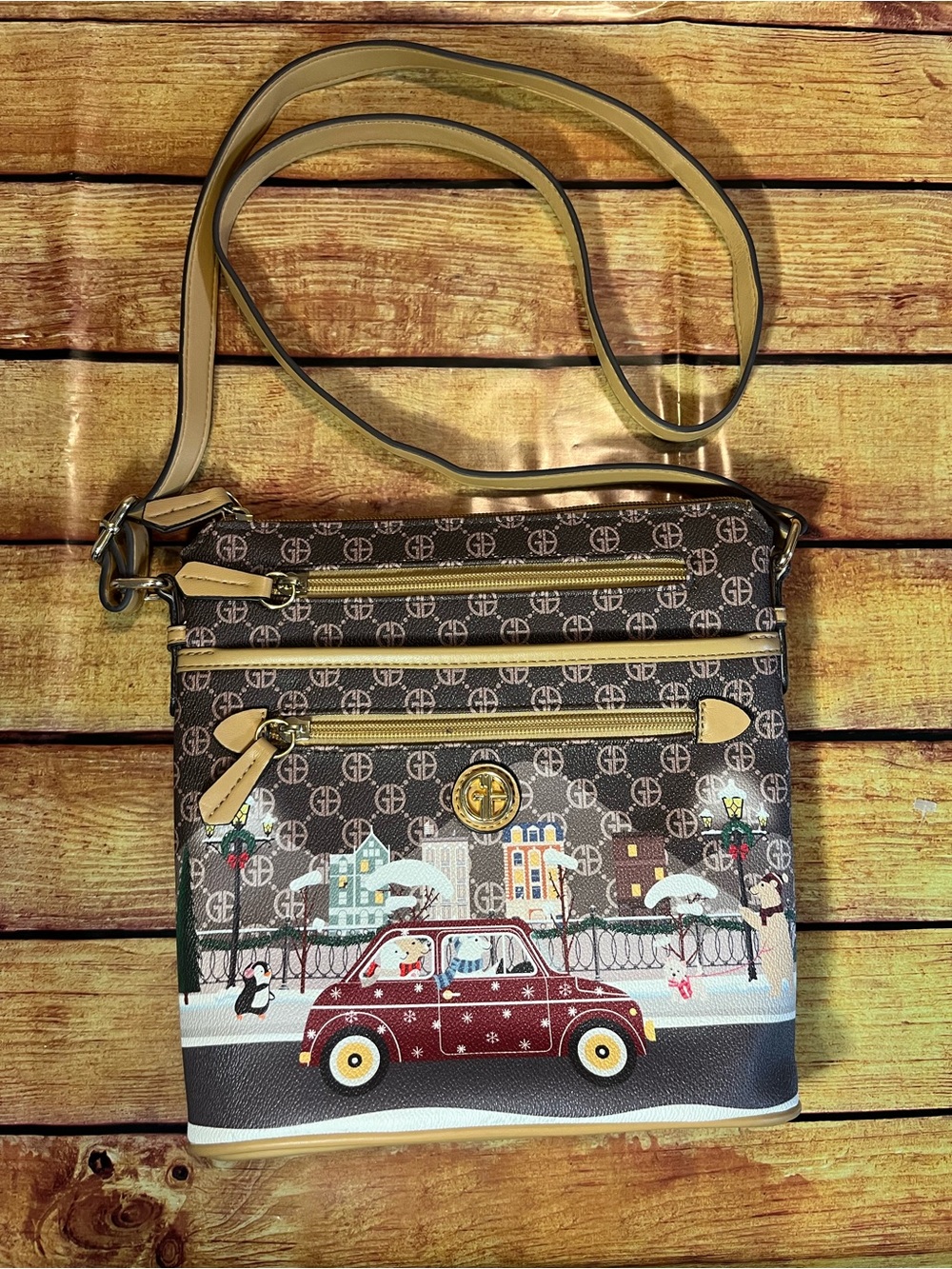 Giani Bernini Brown Crossbody Bag with Winter Car Print